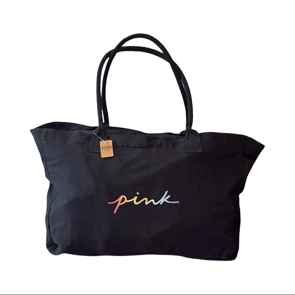 PINK Black Rainbow Logo Tote Bag NWT • Large Zip Top Travel Gym Beach Carryall
